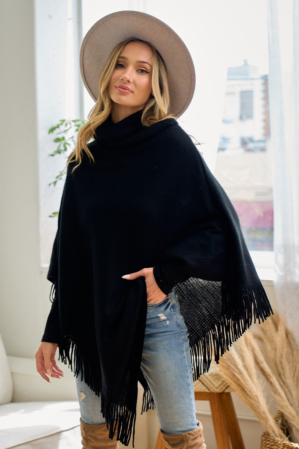 JULIE COWL NECK FRINGE PONCHO